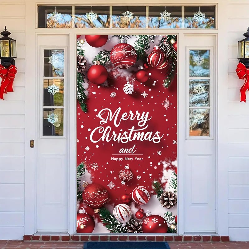 Saoplasa Merry Christmas Door Banner Happy New Year 35x71 Inch Red Christmas Front Door Cover with Snowflakes and Lettering for Xmas Winter Seasonal Holiday Party Porch Wall Hanging New Year Entryway Decoration - Image 3